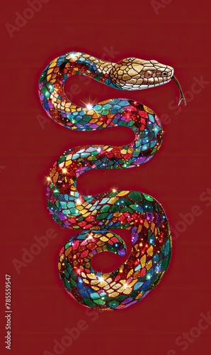 A colorful, bejeweled snake design with a sparkling, patterned body on a red background