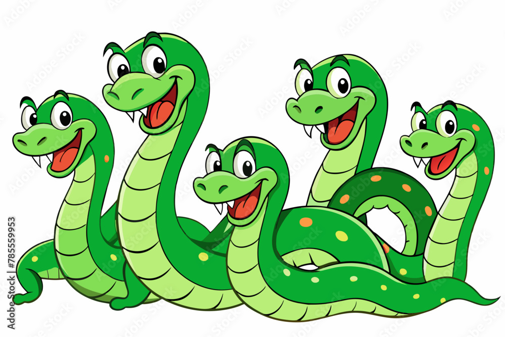 Playful cartoon depiction of A green snake, exuding humor and charm with its Playful cartoon depiction of A green snake, exuding humor and charm with its