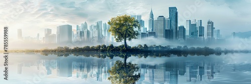 Panoramic double exposure banner of city skyline overlayed with green vegetation