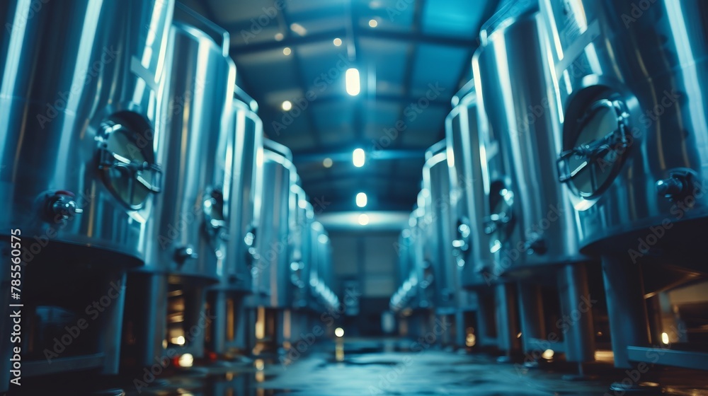 Fototapeta premium Modern winery engineers monitor led lit stainless tanks for innovative wine production