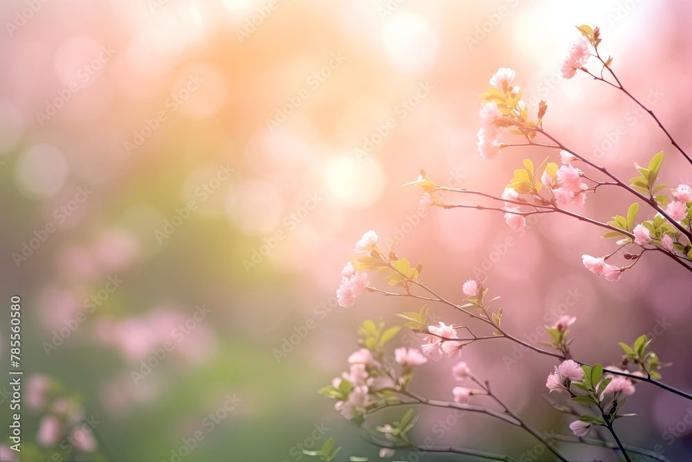 Ethereal spring background. Softly blurred, creating a dreamlike ambiance. This image offers a visual retreat and evokes a sense of freshness, and growth.