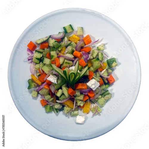 Vegetable salad plate on white background. salad with feta cheese, cucumber, carrot, lettuce and tomatoes