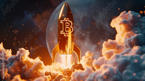 A golden rocket with a Bitcoin symbol on it is launching into space, leaving a trail of fire and smoke behind. In the background is a large moon. photo