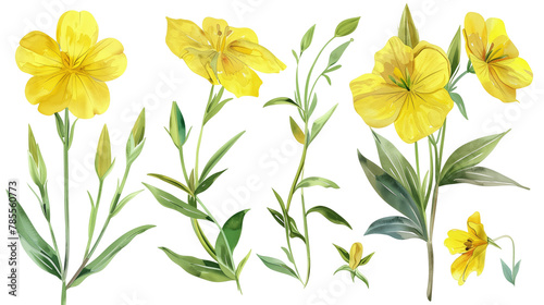 Collection of evening primrose flowers watercolor cutout png isolated on white or transparent background 