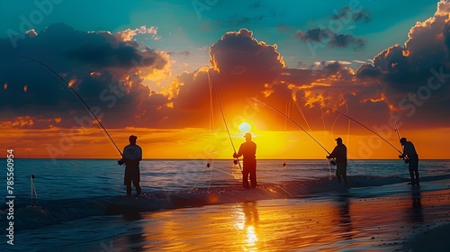 Anglers Casting Fishing Lines into Breathtaking Sunset Ocean Seascape