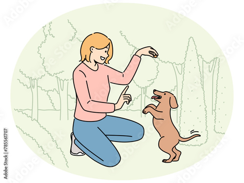 Smiling woman playing with puppy in park. Happy girl have fun learn commands with cute dog in forest. Vector illustration.