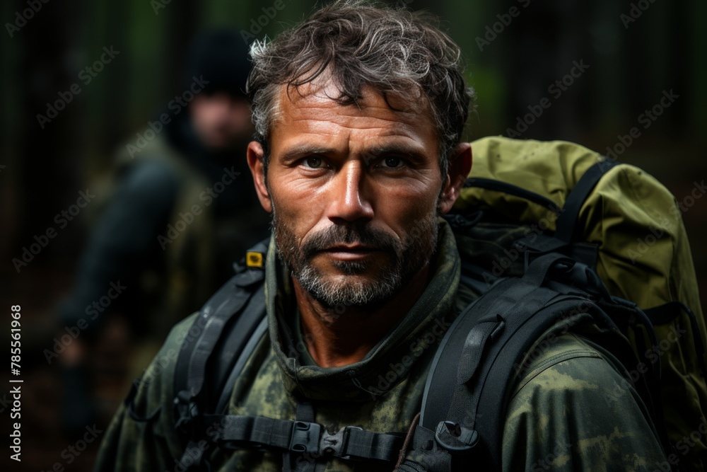 Portrait of a European army soldier in the ranks with selective focus, human enhanced