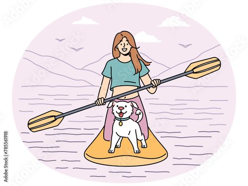 Smiling woman with cute dog sailing on paddle board in sea. Happy girl with puppy enjoy activity on SUP board in summertime. Vector illustration.