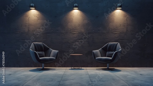 A minimalist podcast interview room featuring two sleek chairs under sophisticated spotlights, dark background, wide banner