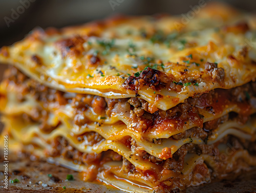 A close-up of a lasagna slice, showing the layers of noodles, meat sauce, and cheese.