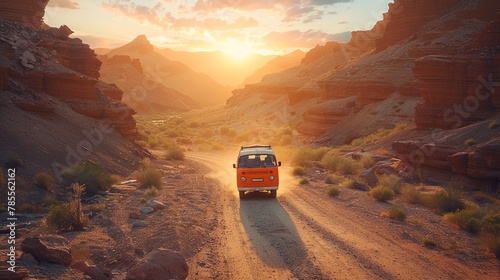 A colorful van meandering a dusty path in a canyon with the sunset in the background, reflecting themes of adventure and the open road