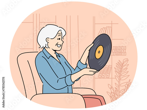Smiling elderly woman relax at home listen to vinyl. Happy mature grandmother enjoy retro music. Hobby and leisure. Vector illustration.