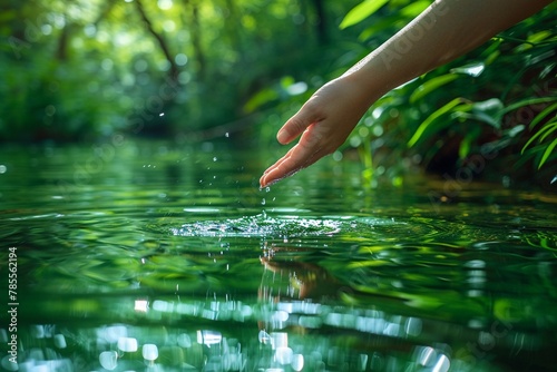 A delicate hand gently touching the sparkling  pure green surface of a river  surrounded by lush greenery on a bright sunny day  symbolizing the conservation of natural resources