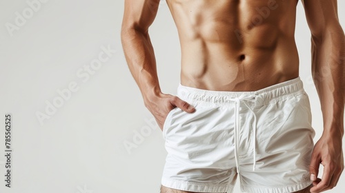 Slim man with six pack and white shorts on white background. shot of the model waist. Slim body with cellulite or healthy, fit, muscular, underwear, guy, attractive