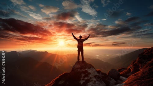 Silhouette of business male stand and feel happy on the most hight at the mountain on sunset, success, leader, teamwork, target, Aim, confident, achievement, goal, on plan, finish,