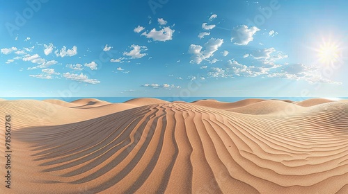   The sun radiates brilliance over the desertscape  featuring sand dunes and a blue sky adorned with white clouds