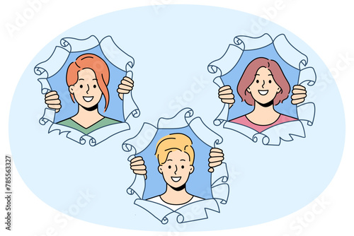 Smiling people look out of paper holes. Happy men and women faces stare at camera from torn holes. Vector illustration.