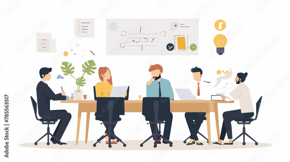 Teamwork brainstorming meeting, business people collaborating on project planning, sharing creative ideas for process improvement, flat vector illustration concept for web banner or header design