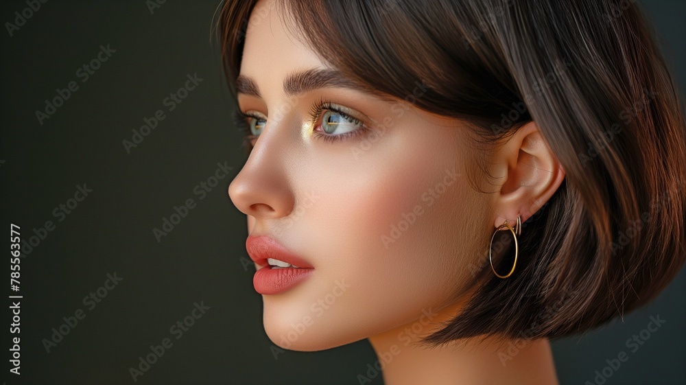 Gorgeous Woman in Profile with Bob Hairstyle and Golden Earrings over Dark Brown. Gorgeous Model Face with Full Lips and a Perfect Nose Gorgeous Woman in Profile with Bob Hairstyle and Golden Earrings over Dark Brown. Gorgeous Model Face with Full Lips and a Perfect Nose