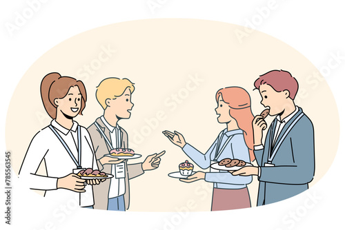 Smiling employees talk during coffee break at conference. Happy diverse businesspeople networking at lunch break at work seminar. Vector illustration.