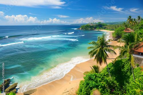 Sunny coast in Bali. Palm trees, sea, sand. Bird's eye view