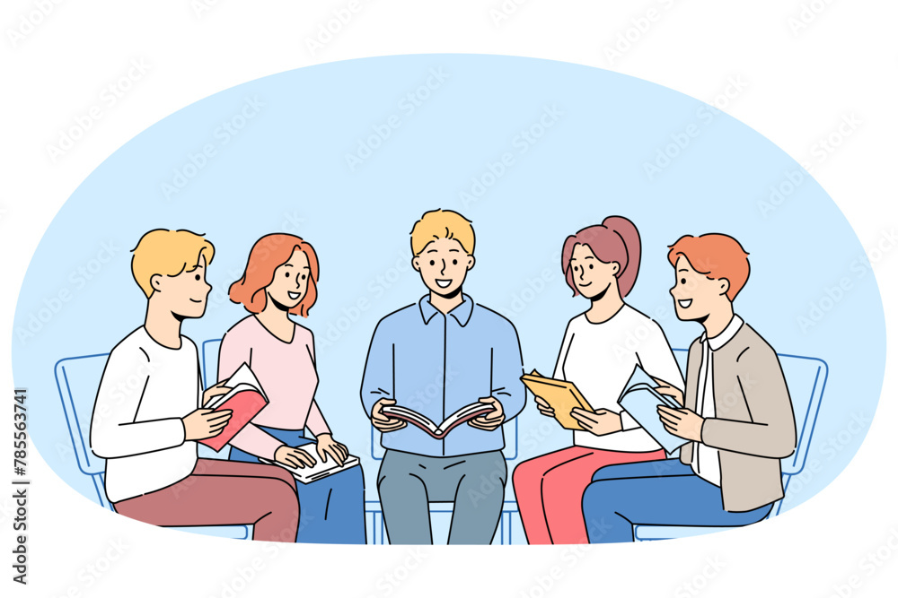 Happy diverse people sit in circle reading book together. Smiling group read and discuss bible at meeting. Hobby and leisure. Vector illustration.