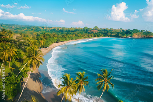 Sunny coast in Bali. Palm trees, sea, sand. Bird's eye view