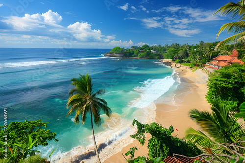 Sunny coast in Bali. Palm trees, sea, sand. Bird's eye view