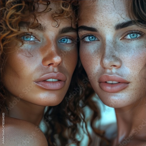 Portrait of two girls with dark skin and freckles. The fashion for freckles. Natural beauty is a concept.