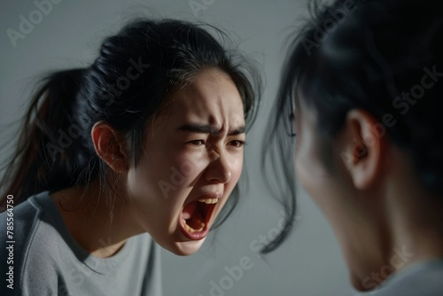 Angry young adult asian woman yelling versus her husband. Man and woman shouting at each other over dark studio background. Argue husband has expression of disappointment and upset with wife