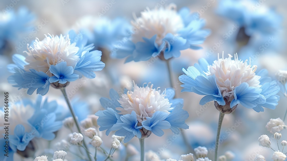 blue and white blooms prominent in the front, background softly blurred blue and white blooms prominent in the front, background softly blurred