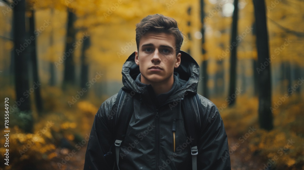 Caucasian young adult man lost in forest at autumn day, horror vibes. Lost male hiker, searching for the path, looking for the exit from the woods