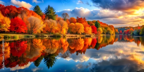 autumn landscape with lake. Beautiful autumn landscape . Colorful foliage in the park. Falling leaves natural background