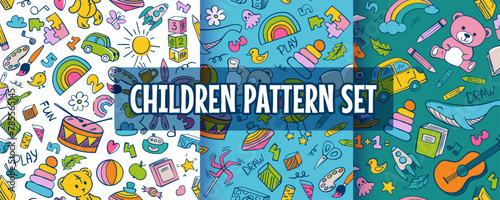 Set of seamless patterns and backgrounds with kindergarten toys, kids activities. Cartoon vector illustration for ads, prints, social media posts, children product design.