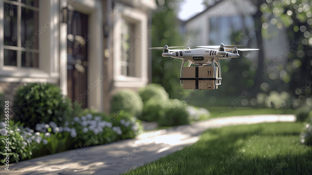 Drones are transporting packages to the destination home. The concept of using unmanned aerial vehicles to deliver fast, safe, and accurate automated cargo transport without human couriers. - obrazy, fototapety, plakaty 
