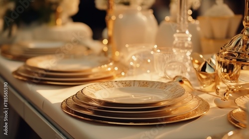 Close-up of a wedding reception buffet table set elegantly with dishware and fine linens  waiting for guests  presented in detailed 4k