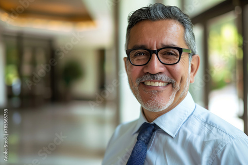 Confident happy mature businessman wearing glasses and a suit, tie in office with copy space.