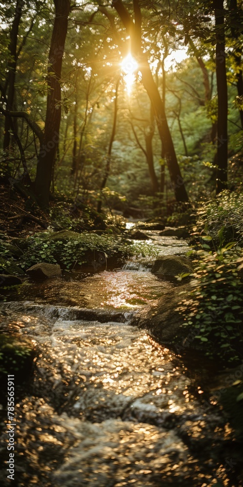 Obraz premium Stream flowing through lush green forest