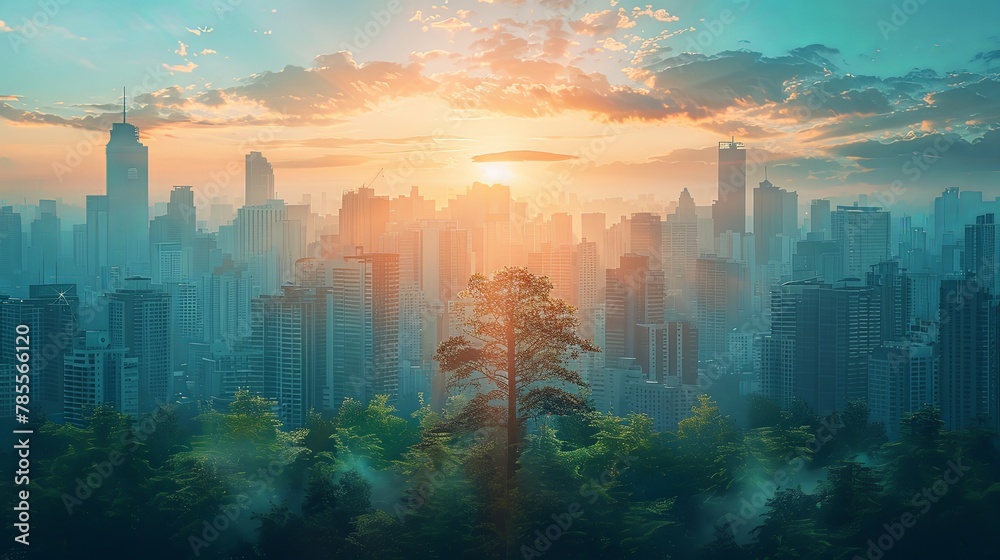 Double exposure cityscape with green forest vegetation overlay