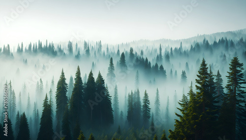 Fir forest in vintage retro style with beautiful landscape. Generative AI
