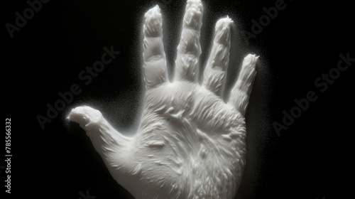 Top view of a creamy shave foam handprint against a stark black backdrop, its unique texture and form presented in high-definition 4k
