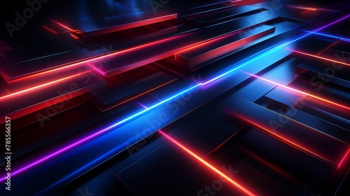 Futuristic abstract 3D structure with red and blue neon illumination. High-tech concept design for cyber and virtual reality themes.