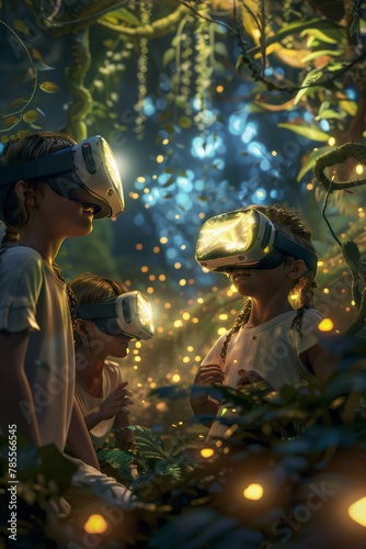 Children exploring a virtual jungle with VR headsets. Fantasy and technology concept. Immersive experience in a digital adventure with light effects.