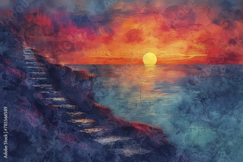 The ascent up the corporate ladder mirrors a daunting cliff climb, with sunrise hinting at fresh starts in a dreamy watercolor scene. photo