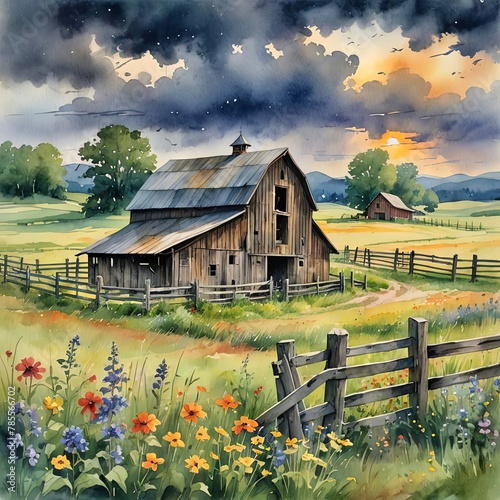 Watercolor rustic old barn with wooden fence in a country wildflower field with thunderclouds overhead 