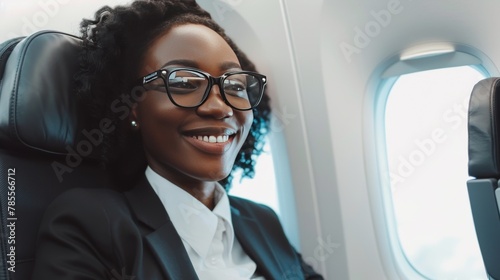 Businesswoman smiling in airplane cabin. Concept of comfortable travel, business on the go, and professional lifestyle.