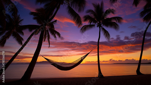 Un hamac tendu entre deux palmiers sur la plage au coucher du soleil sous les tropiques. photo