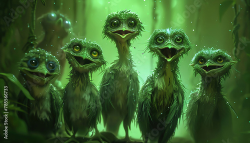 A group of alienlike birds chattering and laughing together in front of a glowing green background photo