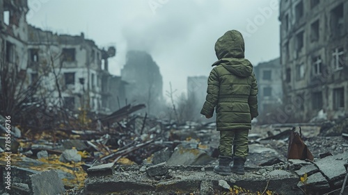 A lone young child in a green jacket standing amidst the demolished buildings in a conflict zone