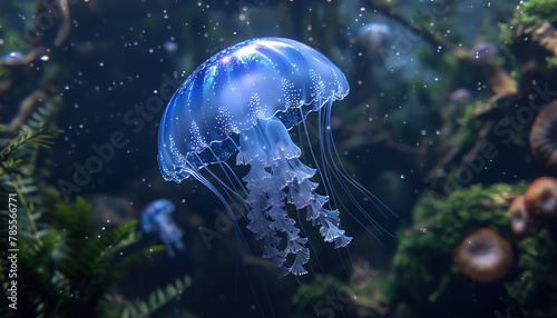A jellyfishlike pet floating in a virtual reality aquarium with holographic seaweed photo
